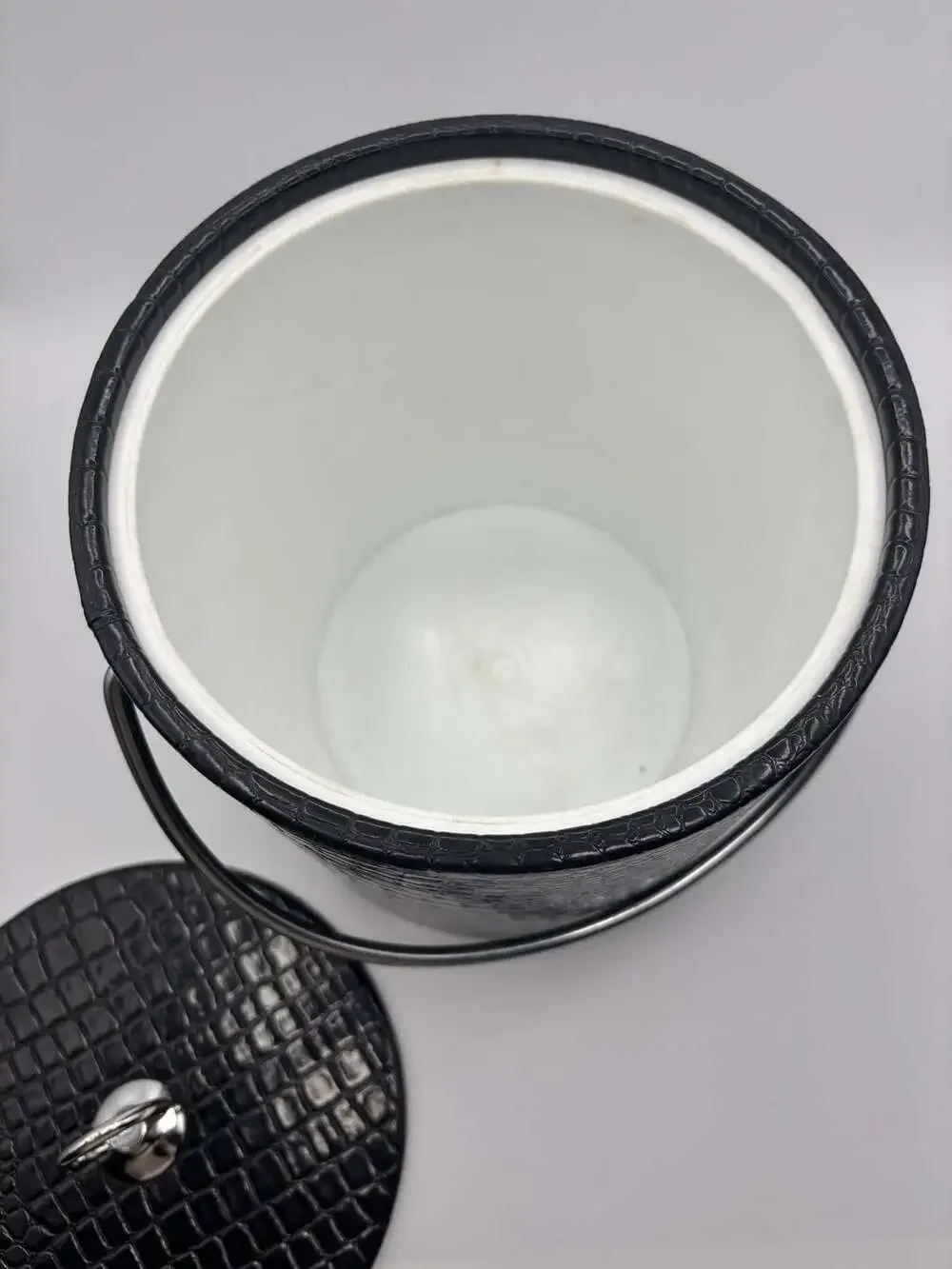 Vintage Mid-Century MCM Black Faux Alligator Ice Bucket with Chrome Handle